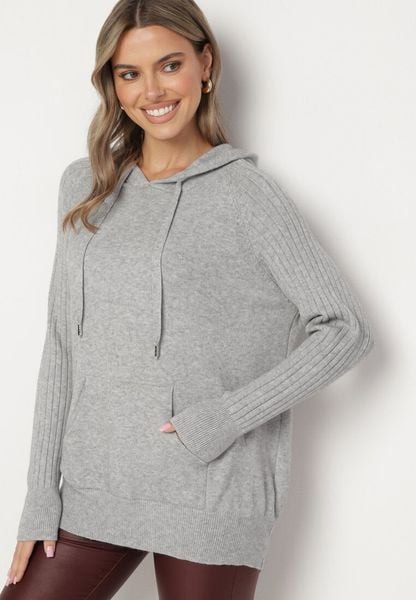 Szary Sweter z Kapturem i Kieszenią z Domieszką Kaszmiru Neriele. Szare swetry klasyczne damskie Born2be, z jeansu, bez kołnierzyka. Za 129.99 zł.