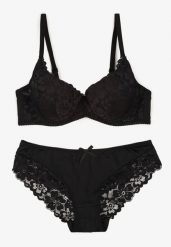 Czarny Koronkowy Komplet Majtki Figi i Biustonosz Eziselle. Czarne figi damskie Renee, bez wzorów, z jeansu. Za 39.99 zł.