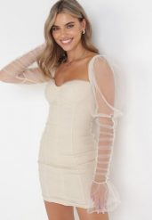 Beżowa Dopasowana Sukienka Mini Ozdobiona Przeźroczystym Tiulem Sirgit. Brązowe sukienki damskie Born2be, s, bez wzorów, z tiulu, bez kołnierzyka, bez ramiączek, mini, dopasowane. W wyprzedaży za 199.99 zł.