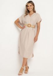 Jasnobeżowa Wiskozowa Sukienka z Paskiem Ozdobionym Plecionką i Klamrą Mlevena. Brązowe sukienki damskie Born2be, plus size, bez wzorów, z wiskozy, eleganckie, bez kołnierzyka, plus size, bez ramiączek, midi. Za 89.99 zł.