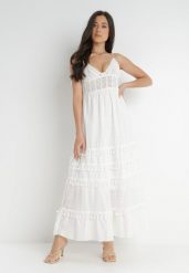 Biała Sukienka Dorassa. Białe sukienki damskie Born2be, m, bez wzorów, z bawełny, boho, bez kołnierzyka, bez ramiączek, maxi, rozkloszowane. W wyprzedaży za 207.99 zł.