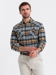 Męska flanelowa koszula w kratę z kieszeniami - szaro-żółta V1 OM-SHCS-0149 - L. Szare koszule męskie Ombre Clothing, l, bez wzorów, z bawełny, bez kołnierzyka, bez ramiączek. W wyprzedaży za 79.99 zł.