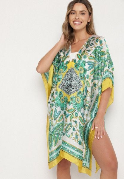 Żółte Lekkie Ponczo Narzutka z Jedwabiu i Wiskozy w Ornamentalny Wzór Azendia. Żółte bikini damskie Born2be, z aplikacjami. Za 39.99 zł.