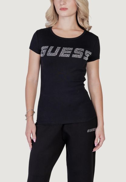 Koszulka crop top Kobieta GUESS ACTIVE KIARA SS. Czarne t-shirty damskie Guess Active, m, z aplikacjami, z lycry, bez kołnierzyka. Za 202.20 zł.