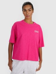 4F T-shirt oversize z nadrukiem damski - różowy L. Czerwone t-shirty damskie 4f, l, bez wzorów, z bawełny, bez kołnierzyka. W wyprzedaży za 39.99 zł.