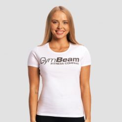 Koszulka damska fitness slim biała. Białe bluzki sportowe damskie GYMBEAM, l, bez wzorów, z bawełny, bez ramiączek. Za 55.90 zł.