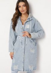 Jasnoniebieska Bawełniana Kurtka Jeansowa o Wydłużonym Fasonie z Troczkiem w Pasie i Przetarciami Elenai. Niebieskie kurtki damskie Born2be, l, bez wzorów, z bawełny, bez kaptura. Za 219.99 zł.