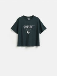 Bawełniany t-shirt z nadrukiem - ciemnoszary. Szare t-shirty damskie Reserved, l, bez wzorów, z bawełny, bez kołnierzyka. Za 59.99 zł.