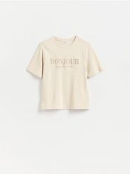 Bawełniany t-shirt z haftem - beżowy. Brązowe t-shirty damskie Reserved, l, bez wzorów, z bawełny, bez kołnierzyka. Za 49.99 zł.