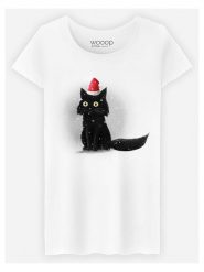 WOOOP Koszulka "Christmas Cat" w kolorze białym rozmiar: L. Białe bluzki damskie Wooop, l, bez wzorów, z bawełny, bez kołnierzyka, bez ramiączek. Za 56.99 zł.