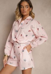 Różowy Komplet z Wiskozą Koszula i Szorty w Morski Print Reisoria. Czerwone koszule damskie Renee, bez wzorów, z materiału, eleganckie. Za 129.99 zł.