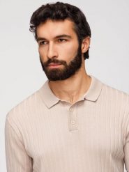 Koszulka męska polo z wiskozą SLIM FIT w pionowy prążek – beżowa V2 - Rozmiar: L. Brązowe koszulki polo męskie Ombre Clothing, l, bez wzorów, z dzianiny, bez ramiączek. W wyprzedaży za 73.50 zł.