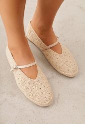 Ciemnobeżowe Balerinki VICES z Ażurową Cholewką i Plecionką Malella. Brązowe baleriny damskie Born2be, w ażurowe wzory, z materiału, bez obcasa, na płaskiej podeszwie. Za 99.99 zł.