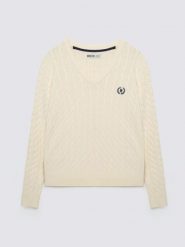 Sweter damski ze splotem warkoczowym z dekoltem v-neck kremowy Nisa 100. Białe swetry klasyczne damskie Big Star, l, z bawełny, bez kołnierzyka. Za 199.99 zł.