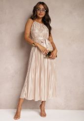 Beżowa Sukienka Plisowana z Paskiem w Talii na Cienkich Ramiączkach Wasea. Brązowe sukienki damskie Renee, na imprezę, l, bez wzorów, eleganckie, bez kołnierzyka, bez ramiączek, midi, plisowane. Za 69.99 zł.