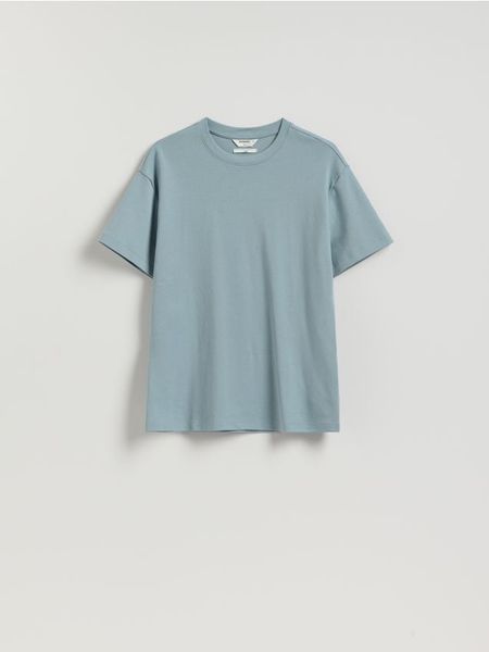 Bawełniany t-shirt boxy - jasnoszary. Szare t-shirty męskie Reserved, l, bez wzorów, z bawełny, bez kołnierzyka. Za 79.99 zł.