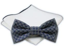 Granatowo-Szara Mucha + Poszetka - Chattier, Męska. Niebieskie krawaty i muchy męskie Chattier, bez wzorów, eleganckie. Za 59.00 zł.