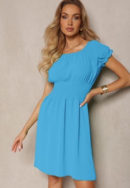 Niebieska Hiszpanka Sukienka o Rozkloszowanym Kroju z Gumką w Talii Lavela. Niebieskie sukienki damskie Renee, na imprezę, na lato, l, bez wzorów, bez kołnierzyka, bez ramiączek, mini, rozkloszowane. Za 54.99 zł.