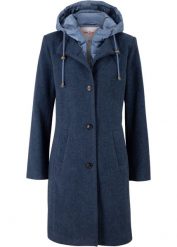 Płaszcz zimowy z materiału w optyce wełny, z efektem 2 w 1. Niebieskie płaszcze damskie bonprix, na zimę, bez wzorów, z wełny. Za 279.99 zł.