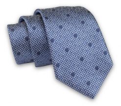 Niebieski Melanżowy Elegancki Męski Krawat -ALTIES- 7cm, Stylowy, Klasyczny, w Granatowe Kropki. Niebieskie krawaty i muchy męskie Alties, bez wzorów, z tkaniny, eleganckie. Za 49.00 zł.