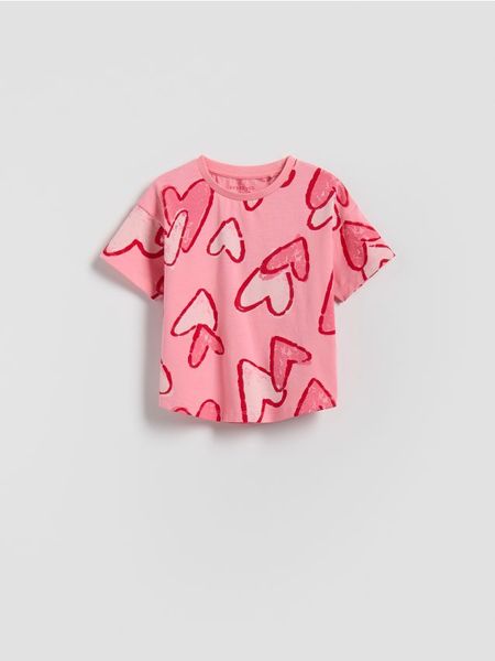 Wzorzysty t-shirt - różowy. Czerwone koszulki dziewczęce Reserved, m, bez wzorów, z bawełny, bez ramiączek. Za 25.99 zł.