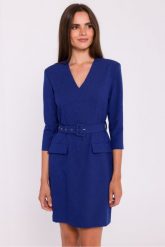 Elegancka sukienka mini z dekoltem V i paskiem niebieska. Niebieskie sukienki damskie Stylove, do pracy, s, bez wzorów, biznesowe, bez kołnierzyka, bez ramiączek, mini. Za 479.00 zł.