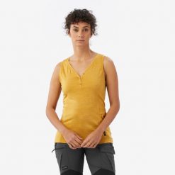 Koszulka na ramiączka trekkingowa damska Merino Fresh. Brązowe bluzki damskie FORCLAZ, l, bez wzorów, z materiału, sportowe, bez kołnierzyka, bez ramiączek. Za 129.99 zł.