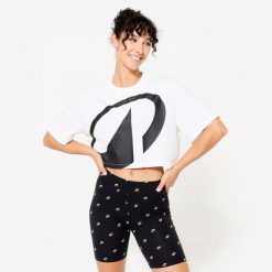 Koszulka z krótkim rękawem damska Domyos Gym & Pilates crop top. Białe bluzki damskie DOMYOS, xl, bez wzorów, z bawełny, bez ramiączek. Za 49.99 zł.