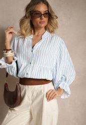 Niebieska Koszula z Bawełny z Dekoltem w Serek Zdobiona Kwiatowym Wzorem Mailisse. Niebieskie koszule damskie Renee, z aplikacjami, z bawełny, eleganckie, bez kołnierzyka, bez ramiączek. Za 89.99 zł.
