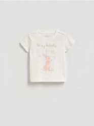 Bawełniany t-shirt z nadrukiem - biały. Białe koszulki dziewczęce Reserved, m, bez wzorów, z bawełny, bez ramiączek. Za 35.99 zł.