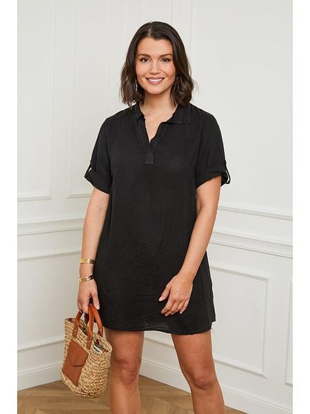 Curvy Lady Lniana sukienka w kolorze czarnym rozmiar: 44/46. Czarne sukienki damskie Curvy Lady, na co dzień, bez wzorów, ze lnu, klasyczne, bez kołnierzyka, bez ramiączek, mini, proste. Za 104.39 zł.