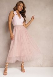Różowa Rozkloszowana Plisowana Spódnica z Tiulu Wykończona z Przodu Cyrkoniami i Gumką w Talii Missarla. Czerwone spódniczki damskie Renee, l, z aplikacjami, z satyny, eleganckie, midi, dopasowane. Za 49.99 zł.