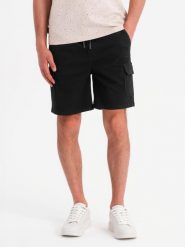 Męskie spodenki bawełniane cargo z elastycznym pasem – czarne V4 OM-SRCG-0190 - XXL. Czarne szorty męskie Ombre Clothing, z bawełny, bez kołnierzyka. W wyprzedaży za 79.99 zł.