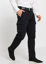 Spodnie bojówki Regular Fit z czystej bawełny, Straight. Czarne spodnie materiałowe męskie bonprix, bez wzorów, z bawełny, sportowe. Za 149.99 zł.