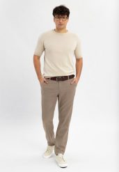 Materiałowe spodnie R-MARSHALL. Brązowe spodnie materiałowe męskie Volcano, bez wzorów, z bawełny, klasyczne. Za 179.99 zł.