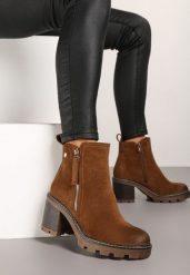 Ciemnobrązowe Botki na Słupku Boho z Suwakiem Sirdre. Brązowe botki damskie Born2be, boho, za kostkę, bez obcasa, na obcasie, bez zapięcia. Za 149.99 zł.