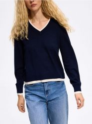 Sweter z kontrastową lamówką - granatowy. Niebieskie swetry klasyczne damskie Reserved, l, z dzianiny, bez kołnierzyka. Za 99.99 zł.