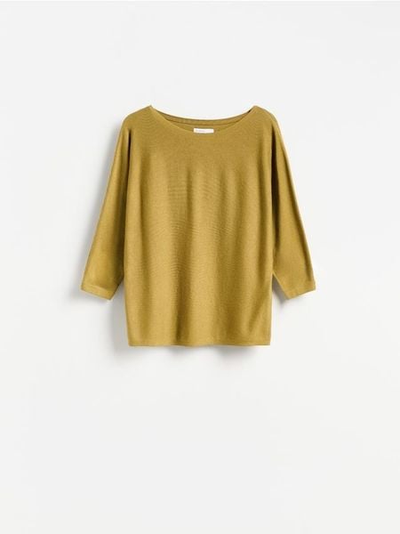 Gładki sweter z wiskozą - oliwkowy. Zielone swetry klasyczne damskie Reserved, l, z dzianiny, bez kołnierzyka. Za 79.99 zł.