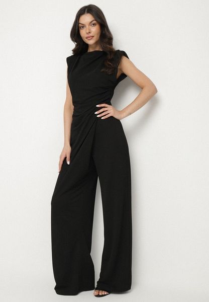 Czarny Kombinezon Bez Rękawów z Ozdobnym Marszczeniem Sepalene. Czarne kombinezony damskie Born2be, na wiosnę, m, bez wzorów, eleganckie, bez kołnierzyka, bez ramiączek. Za 159.99 zł.