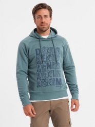 Bluza męska kangurka nierozpinana z kapturem i nadrukiem - turkusowa V2 - Rozmiar: M. Niebieskie bluzy z kapturem męskie Ombre Clothing, m, z bawełny. W wyprzedaży za 49.99 zł.