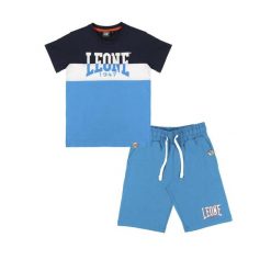 Koszulka z bawełna z kieszenie na czas wolny. Niebieskie spodnie dresowe damskie LEONE 1947 APPAREL, bez wzorów, z bawełny, bez kołnierzyka. W wyprzedaży za 79.36 zł.