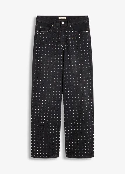 Jeansy z szerokimi nogawkami, mid waist, z aplikacją z kryształków. Czarne jeansy damskie bonprix. Za 199.99 zł.