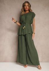 Ciemnozielony Komplet Spodnie o Szerokim Kroju i Bluzka z Usztywnioną Linią Ramion Nilamira. Brązowe spodnie materiałowe damskie Renee, bez wzorów, eleganckie. Za 129.99 zł.