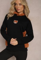 Czarna Bluza z Bawełny z Ozdobną Naszywką z Misiem i Polarowym Kapturem Hecatia. Czarne bluzy z kapturem damskie Renee, z bawełny. Za 99.99 zł.