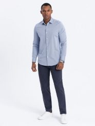 Spodnie męskie chino o dopasowanym kroju - ciemnoniebieskie V4 OM-PACP-0151 - XXL. Niebieskie spodnie materiałowe męskie Ombre Clothing, bez wzorów, z bawełny. Za 179.99 zł.