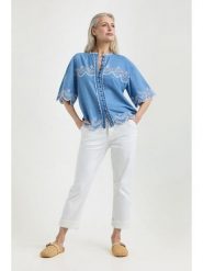 Josephine & Co Bluzka "Judith" w kolorze niebieskim rozmiar: 42. Niebieskie bluzki damskie Josephine & Co, bez wzorów, z bawełny, bez kołnierzyka, bez ramiączek. Za 260.99 zł.