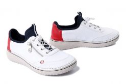 RIEKER 50962-80 white, półbuty damskie. Białe półbuty damskie Rieker, bez wzorów, z gumy, bez obcasa. Za 349.90 zł.
