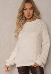 Jasnobeżowy Klasyczny Sweter z Wełną i Wiskozą o Luźnym Kroju Omethea. Brązowe swetry klasyczne damskie Renee, z jeansu, bez kołnierzyka. Za 149.99 zł.