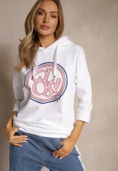 Biała Bluza z Kapturem Ozdobnym Nadrukiem i Rękawami 3/4 Saniressa. Białe bluzy z kapturem damskie Renee, l, z jeansu. Za 84.99 zł.
