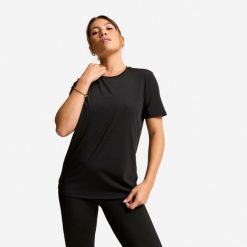 Second Life - Koszulka fitness damska Domyos krótki rękaw - Stan Doskonały. Czarne bluzki sportowe damskie DOMYOS, s, z elastanu, bez kołnierzyka, bez ramiączek. Za 16.99 zł.